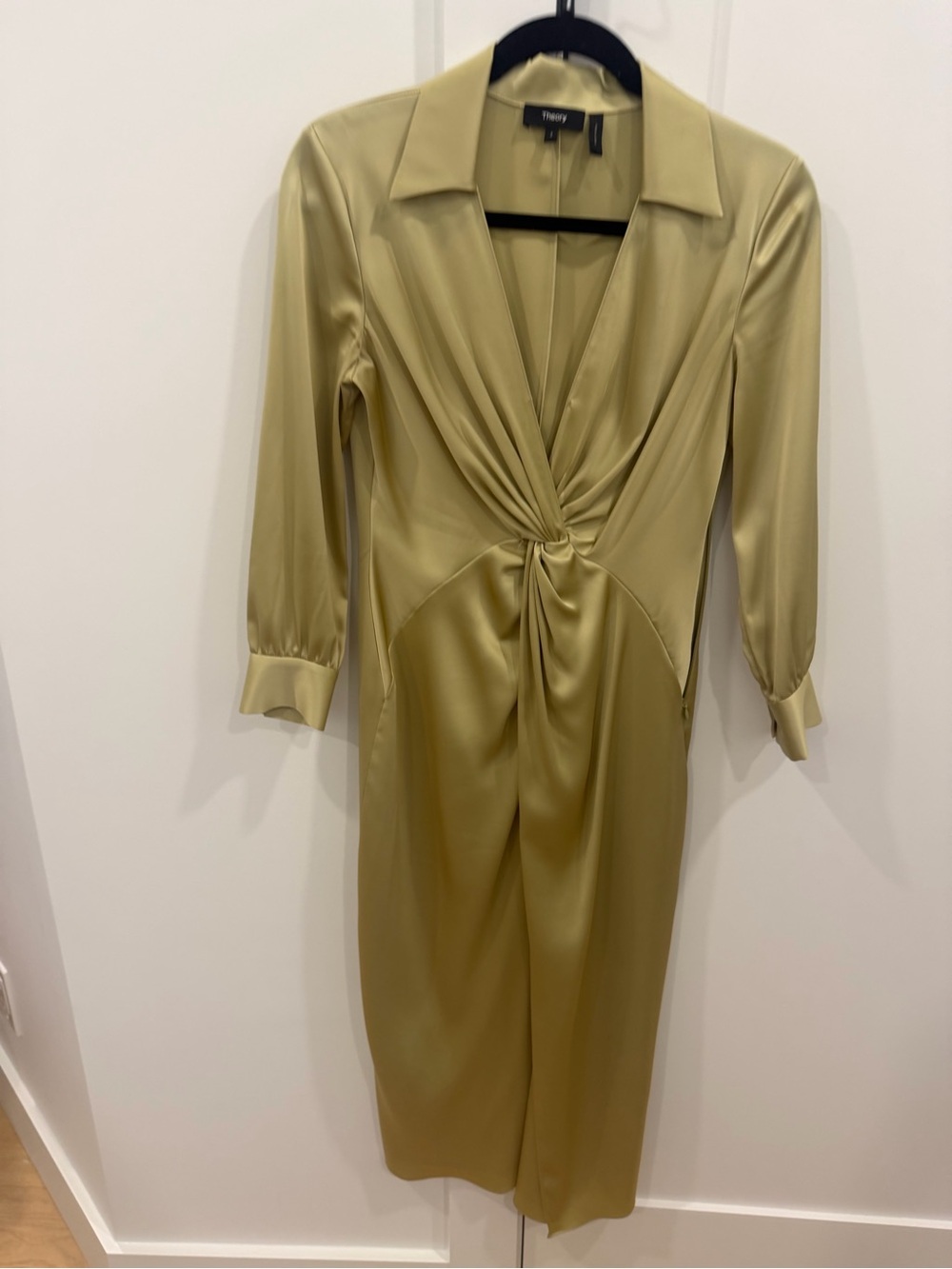 Theory Olive Green Satin-Finish Twist-Front Midi Dress – Size 2